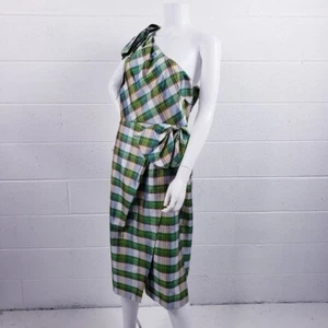 J Crew One Shoulder Sheath Dress Bow Faux Wrap Green Plaid Silk Blend Size 14 - Picture 1 of 10