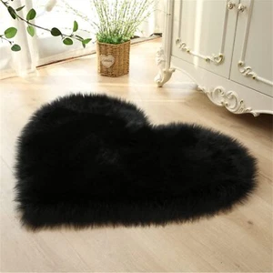 Heart Shaped Fluffy Rug 2x3 Ft Black Faux Fur Cute Small Area Rug for Bedroom - Picture 1 of 8