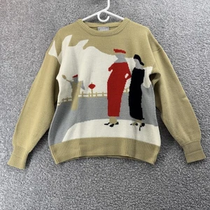 Vintage Joyce Sweater Womens Small Beige Art Deco Graphic Crewneck Pullover 90s - Picture 1 of 7