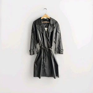 VTG British Mist Belted Double Breasted Long Trench Coat Black Women’s Size 12P - Picture 1 of 7