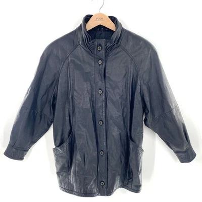 VTG Jacqueline Ferrar Womens Black Leather Jacket Button Up Collared Coat Medium - Image 1 of 4