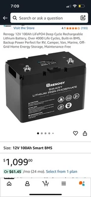 Renogy 12V 100Ah LiFePO4 Deep Cycle Rechargeable Lithium Battery,  Brand New  - Image 1 of 4