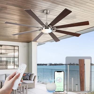72Inch Large Brushed Nickel Ceiling Fans with Light and Remote Control,8 Wood... - Image 1 of 4