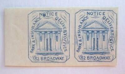 1863 US Local Hussey's Greek Temple Design Plate Flaw Error Pair 87L23 MNH OG - Image 1 of 2