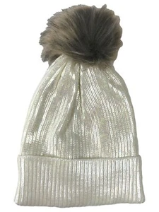 Womens Metallic Shimmer Winter White Pom Beanie Cuffed Stocking Cap Hat - Picture 1 of 1