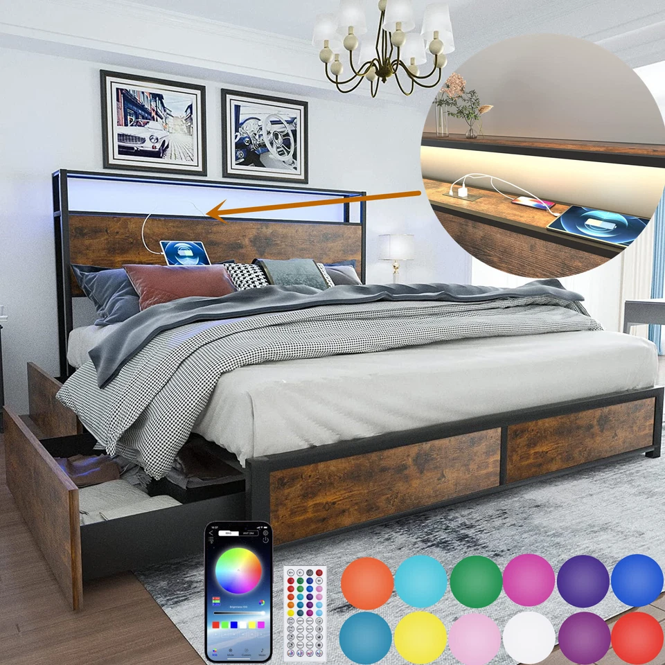 Queen and Full Size Bed Metal Platform with Storage Drawers Headboard USB Ports - Image 1 of 4