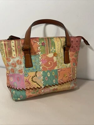 Bolso de Mano Pequeño Vintage Cuero Fósil Multicolor Cosido con Retazos 11x8 Foto 1 de 4