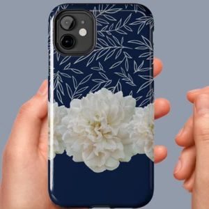 White flowers, Dark Blue Boho Tough Phone Case for Iphone & Samsung Galaxy - Picture 1 of 108