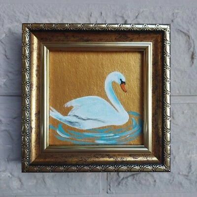 Swan Bird Painting Original FRAMED Golden Miniature Swan  Artwork 3x3 - Image 1 of 4