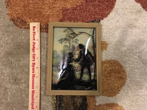 Vintage antike umgekehrt bemalte Silhouette Bilder konvex Glas gerahmt - Bild 1 von 3