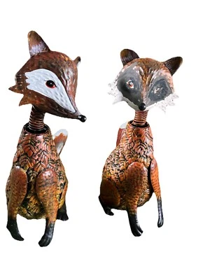 Pair of Quirky Metal Garden Art Orange Fox Statue Sculpture Orname Wobbling Head - Image 1 of 4