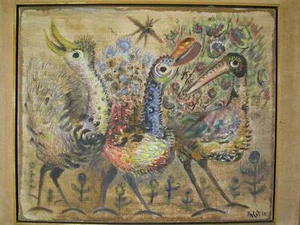 ISRAEL PALDI (1892-1979) ÓLEO SOBRE LIENZO-3 PAVOS REALES 1969 FIRMADO (AR76) - Imagen 1 de 5