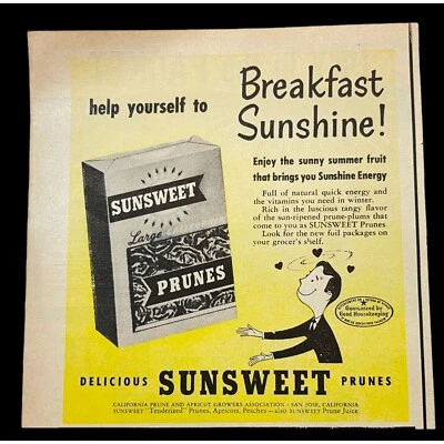 Sunsweet California Prunes Vintage Print Ad 50s Breakfast Sunshine Food Decor - Image 1 of 4