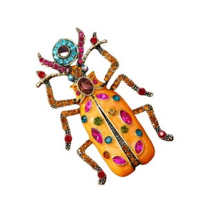 Women's Orange Enamel Rhinestone Big Scarab Beetle Brooch Pin - Bild 1 von 3