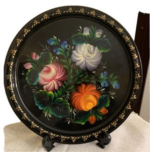 1980' Tole Russian Hand Painted Round Tray 12" Diameter - Picture 1 of 4