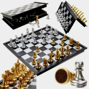 LARGE GOLD -SILVER Magnetic Folding Chess Set Pieces Chessboard Game 27 x 27 CM - Picture 1 of 7
