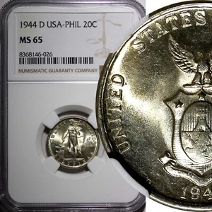 Philippines Silver 1944 D 20 Centavos NGC MS65 Nice GEM BU  KM#182 (026) - Picture 1 of 5