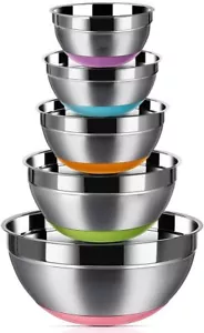 Stainless Steel Mixing Bowls Set of 5 Non Slip Silicone Bottom Nesting Storage - Picture 1 of 7