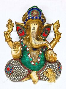 Brass Ganesh Statue Hindu God Lord Elephant Idol Sculpture home decor 12"19.61lb