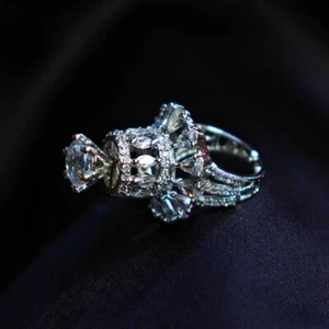 "Elegant White & Silver Solitaire Ring with Sparkling American Diamond Stones" - Picture 1 of 4