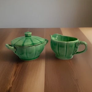 Vintage W.S. George Petalware Creamer & Lided Sugar Bowl Set Green - Picture 1 of 18