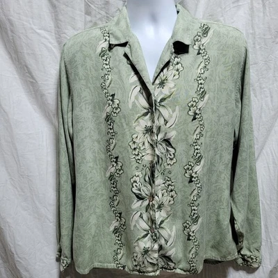 Tommy Bahama Hawaiian Silk Shirt Size Large Green Floral Long Sleeve Button Up - Image 1 of 3