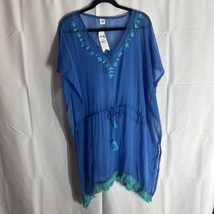 Cruise Club Blue W/ Turquiose Embroidery SS Swim Cover OS Women New - Picture 1 of 6
