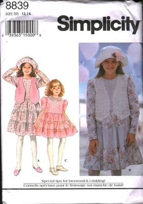 8839 Vintage Simplicity Sewing Pattern Girls 1990s Dress Vest Hat Church UNCUT - Image 1 of 2