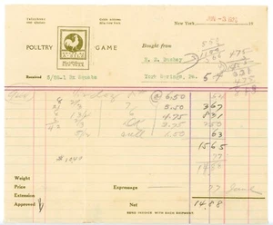 1920 Poultry & Game Invoice House of A. Silz NYC 2 H.E. Compra Bushey PA Squab - Imagen 1 de 2