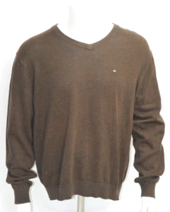 TOMMY HILFIGER Mens V-Neck Jumper Sweater Large Brown Cotton - Picture 1 of 6