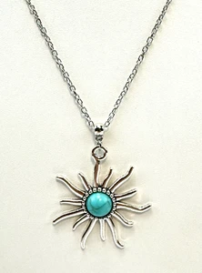Silver Tone Sun Faux Turquoise Pendant Necklace 20" Flower Boho Jewelry NEW - Picture 1 of 7