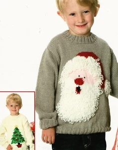 2164 BOY GIRL SWEATER SANTA / TREE DK 2-11YR CHARTED VINTAGE KNITTING PATT COPY - Picture 1 of 3