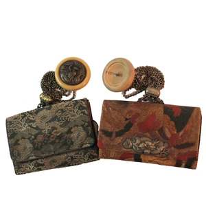 Two Antique Japanese Tobacco Pouches / Purse Dragon Netsukes Leather Wallet - Imagen 1 de 15