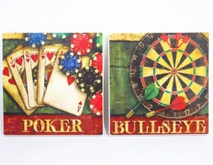 5-pc STONEWARE Drink COASTER Set & OAK Wood Caddy *POKER CARDS or BULLSEYE DARTS - Picture 1 of 5