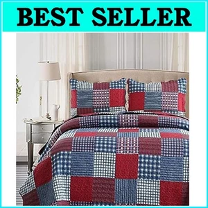 Elegant Full/Queen Patchwork Quilt Set - Red Blue Plaid Reversible Coverlet - Picture 1 of 8
