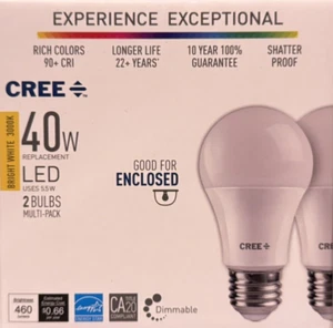 2 CREE 40-Watt Bright White A19 LED Light Bulbs - Dimmable - 460 Lumens - Picture 1 of 1