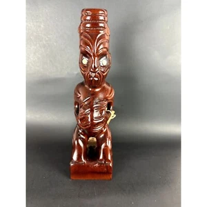 VTG Maori Tiki god hand carved Matai Wood Statue Paua Shell Eyes New Zealand Tag - Picture 1 of 13