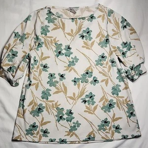 H&M Blumen Bluse Damen Medium | Creme Grün Print | Halbarm Stretch Oberteil - Bild 1 von 4