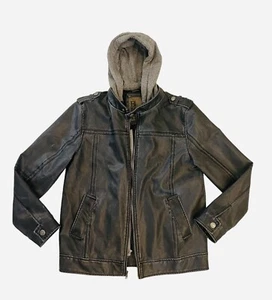 BKE Mens Medium Carbon Color Zip Off Hoodie Faux Leather Motorcycle Jacket EUC - Picture 1 of 14