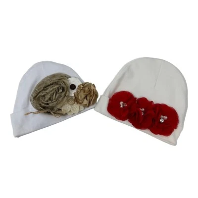 Handmade Infant Girl Beanie Hat Red White Neutral Christmas Holidays Valentines - Image 1 of 4