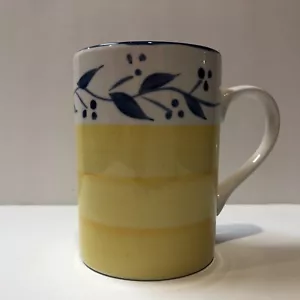 Tabletops Unlimited CELESTINO Dark Yellow Coffee Mug Blue Buds Leaves on Vine - Picture 1 of 6