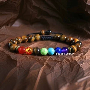 Natural Tiger Eye Round Beads Healing 7 Chakra Gemstone Bangle Handmade Bracelet - Picture 1 of 4