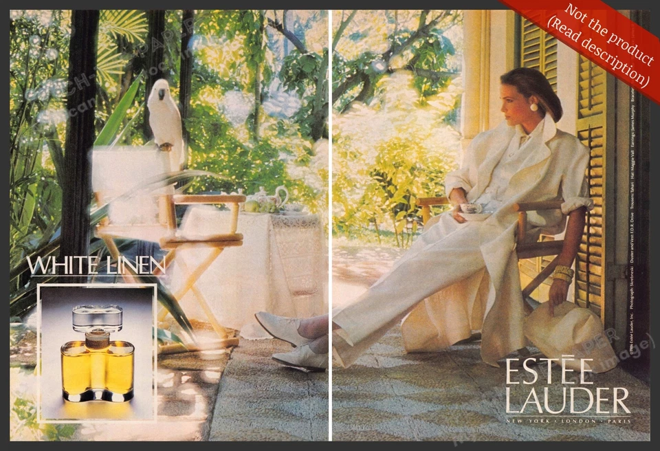 Anúncio impresso da década de 1980 Estee Lauder (2 páginas) 1987 linho branco cacatua pássaro - Imagem 1 de 1