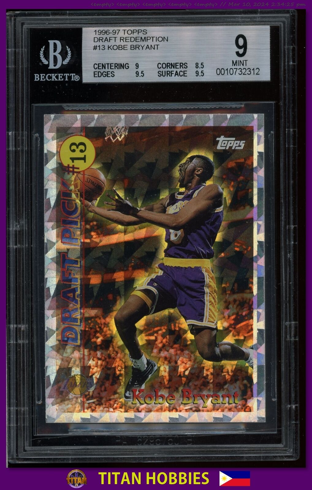 1996 Topps Draft Redemption Rookie #13 Kobe Bryant Rookie Redemoption RC BGS 9