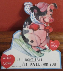 Tarjeta de San Valentín de Colección Charles Twelvetrees ANTROPOMÓRFICO CERDO ESQUÍ ME CAERÉ - Imagen 1 de 5