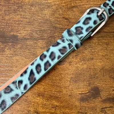 Teal Leopard Print Skinny Belt Adjustable Womens M / L 30-34" Silver Buckle Y2K - Image 1 of 4