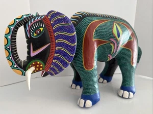 Large Alebrije Oaxaca Carved Wood Painted Elephant Sculpture Artist Signed READ - Picture 1 of 21