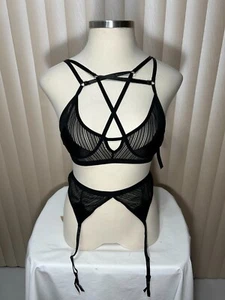 Beauty Wireless Bralette & Strumpfgürtel L Riemchen Crissy gestreift schwarz 2 Stück Set - Bild 1 von 7