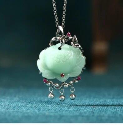 Jade Bohemian Flower Pendant Necklace Charm 18K White Gold Plated Chain Gemstone - Изображение 1 из 4