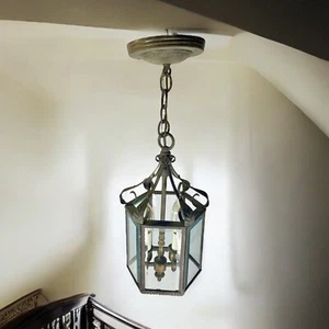 Antique Hanging Brass Pendant Ceiling Lantern Light Fixture Beveled Glass - Picture 1 of 9